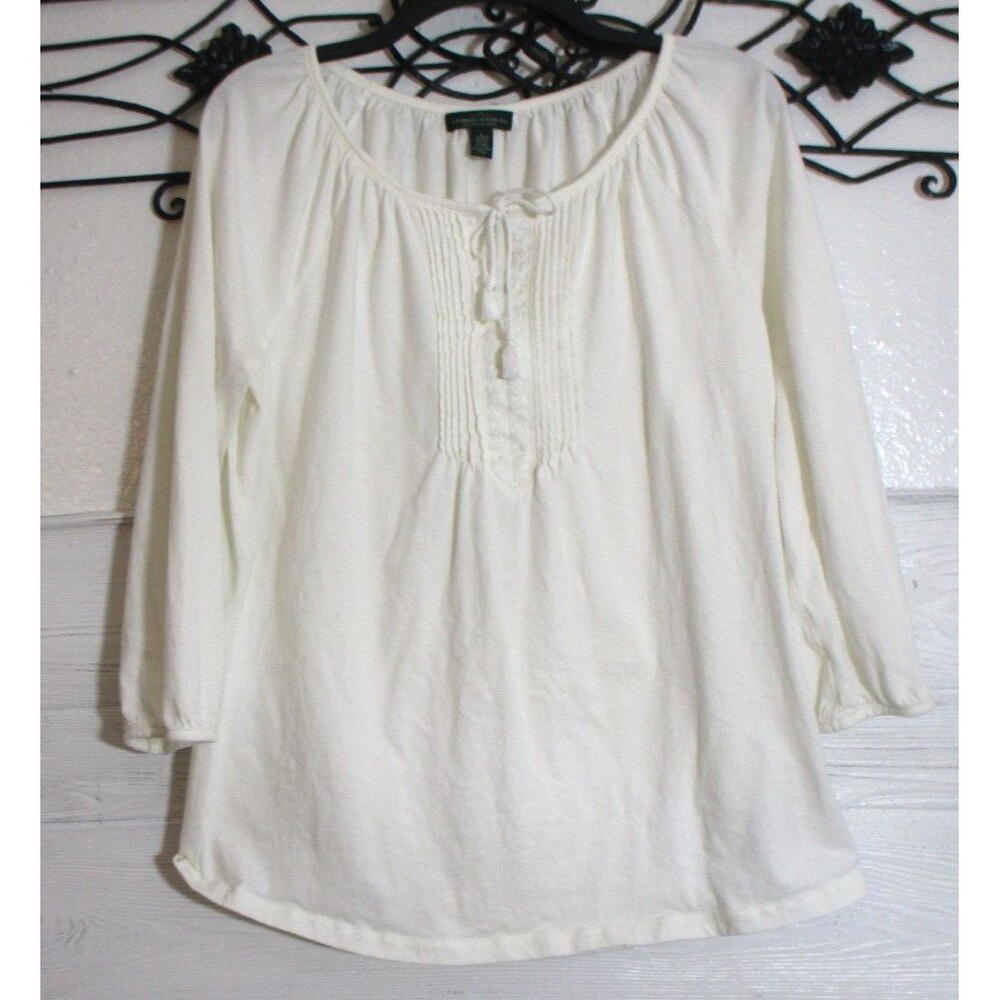 Ralph Lauren Women's Knit Boho Top Size L Long Sleeve Ivory Round Neck